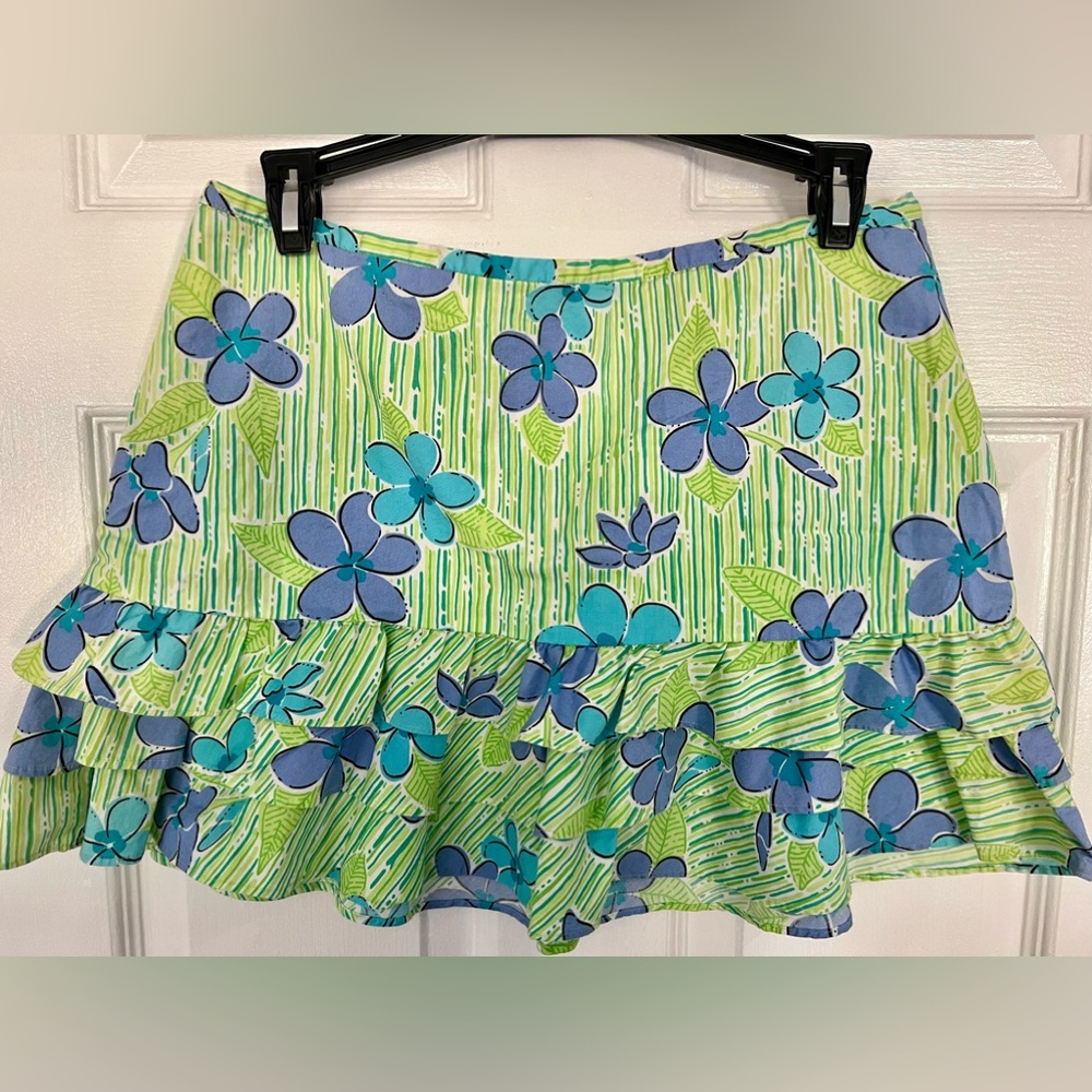 VTG Lilly Pulitzer Womens Mini A Line Ruffled Green Blue Floral Lined Skirt Sz 6